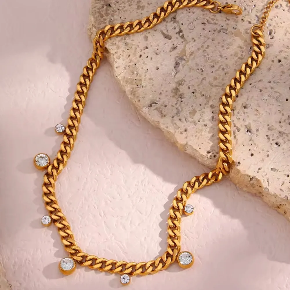 NEW 18K GOLD PLATED CUBAN CHAIN WITH ZIRCON CHARMS – ADJUSTABLE CHOKER